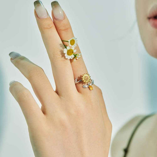 Sunbeam Flutter Rotating Sunflower Open Ring 925 Sterling Silver