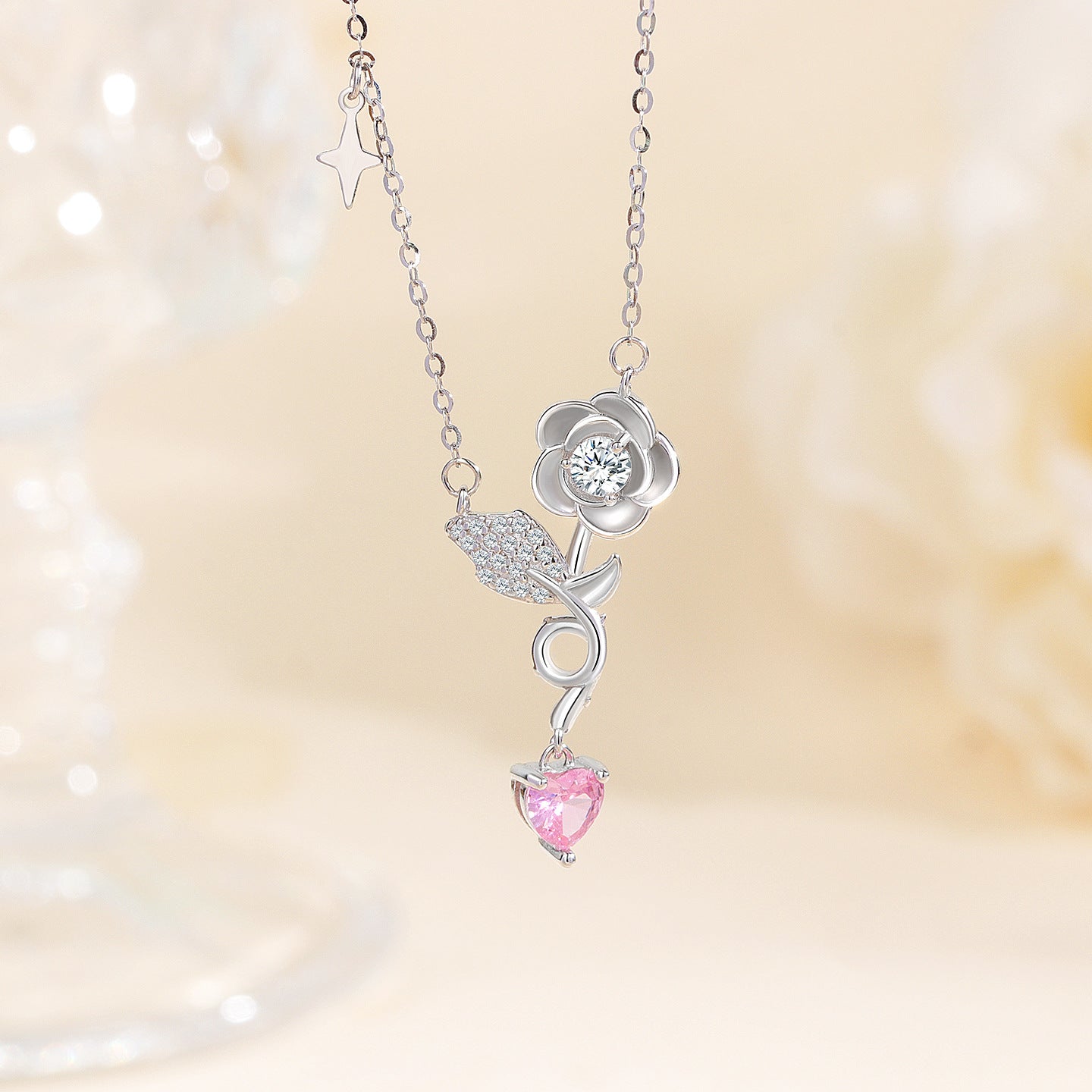 Blooming Rose S925 Sterling Silver Rose Pendant Necklace with Zircon