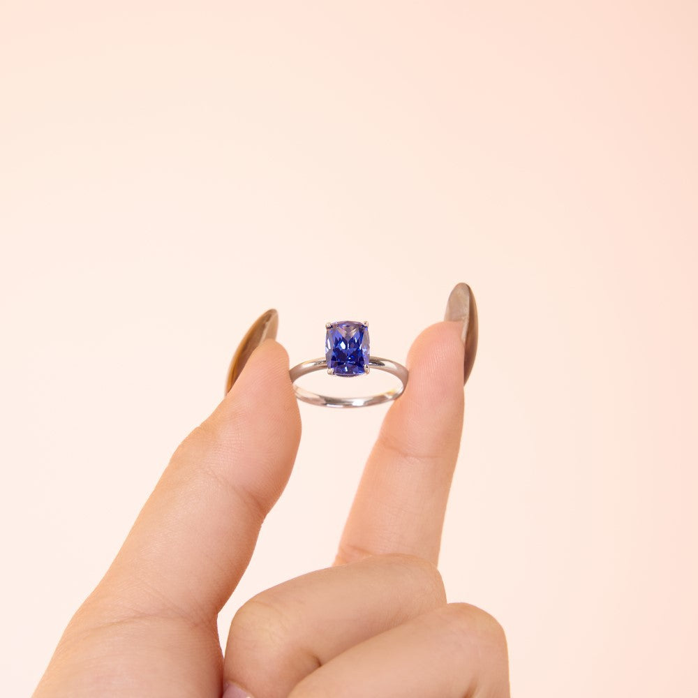 925 Sterling Silver Blue Cushion-Cut Solitaire Ring – Bleu Minuit