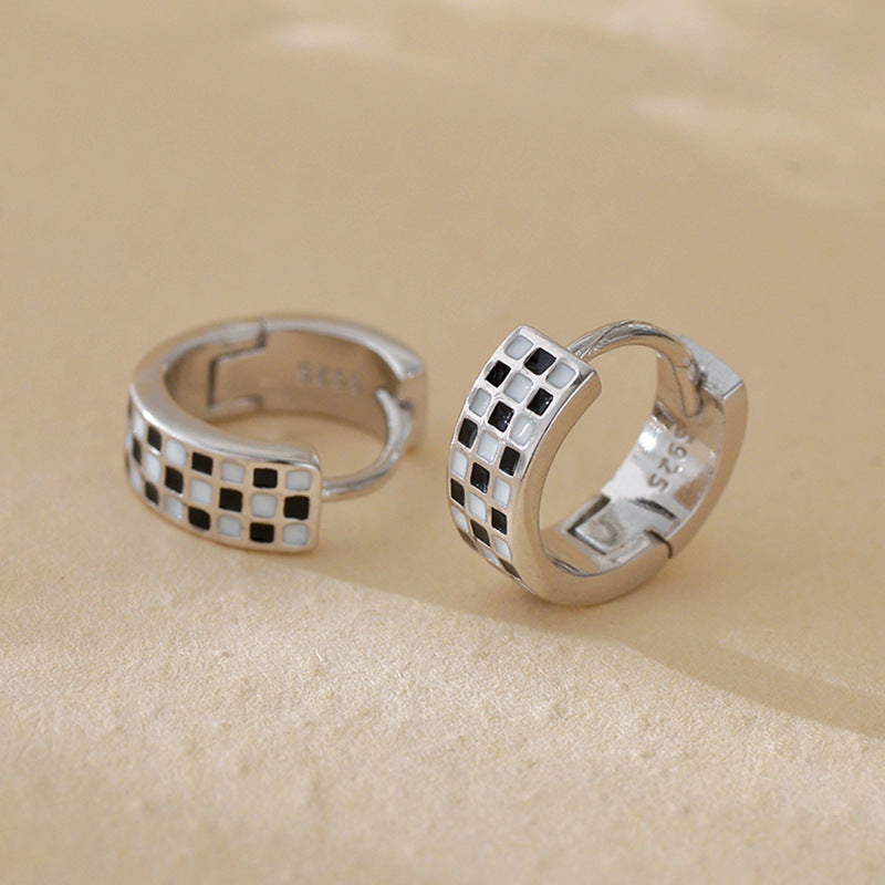 “Checkerboard Muse” S925 Sterling Silver Enamel Checkerboard Hoop Earrings