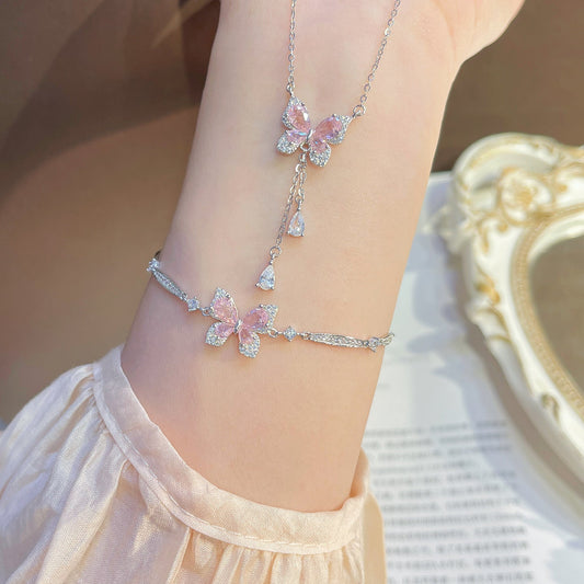 Pink Flutter Butterfly Bracelet, S925 Sterling Silver Pink Stone Jewelry