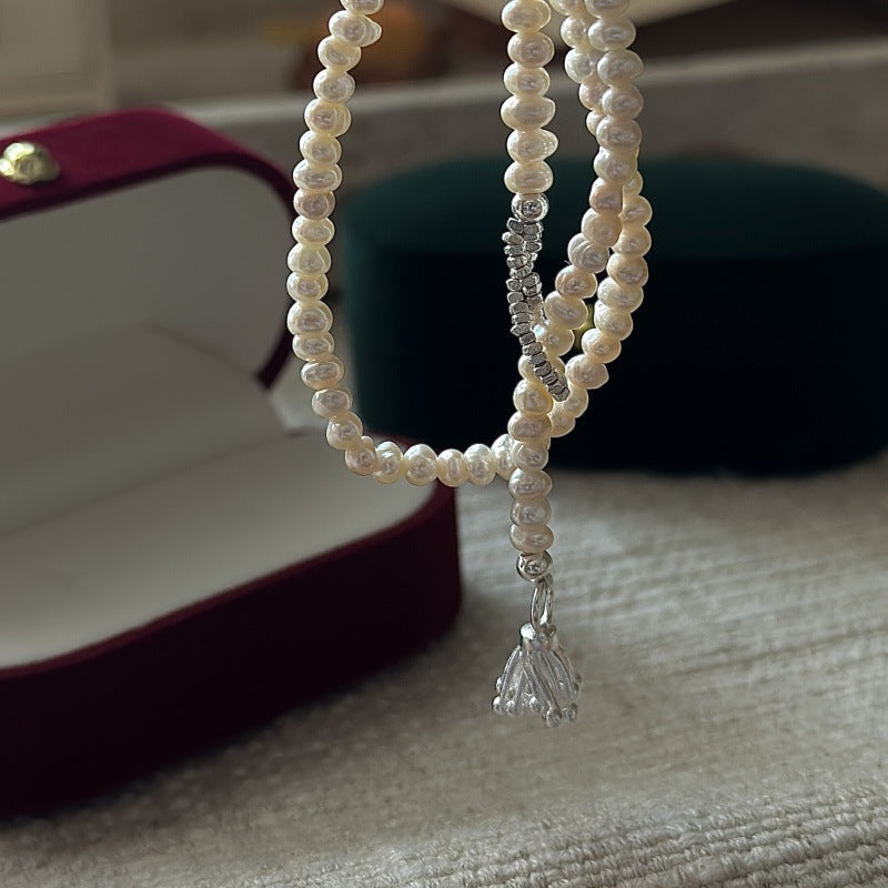 925 Sterling Silver Vintage Pearl Muse Choker Korean Pearl Collarbone Necklace