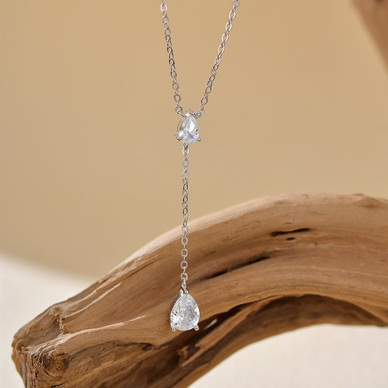“Y-Line Eclat” S925 Sterling Silver Zircon Y-Shaped Tassel Necklace