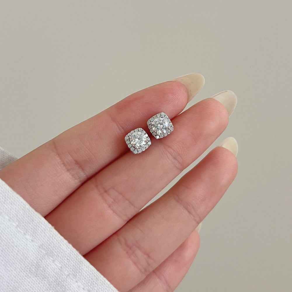 925 Sterling Silver Halo Radiance Moissanite Cushion Halo Stud Earrings