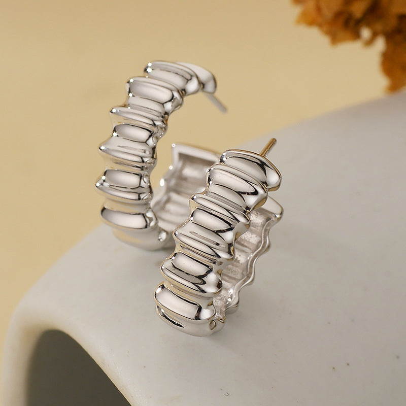 “Crescent Fold” S925 Sterling Silver Irregular Textured C-Hoop Stud Earrings