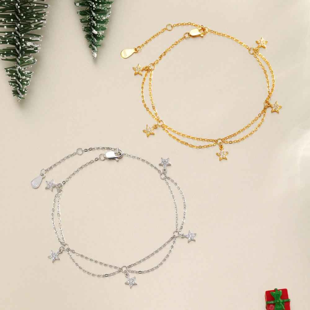 925 Sterling Silver Double-Layer Star Charm Bracelet – Starlit Dance