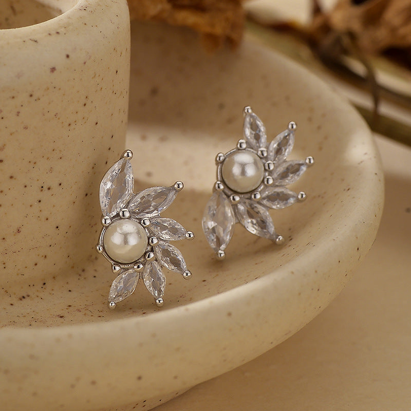“Pearl Bloom” S925 Sterling Silver Zircon Shell Pearl Flower Stud Earrings