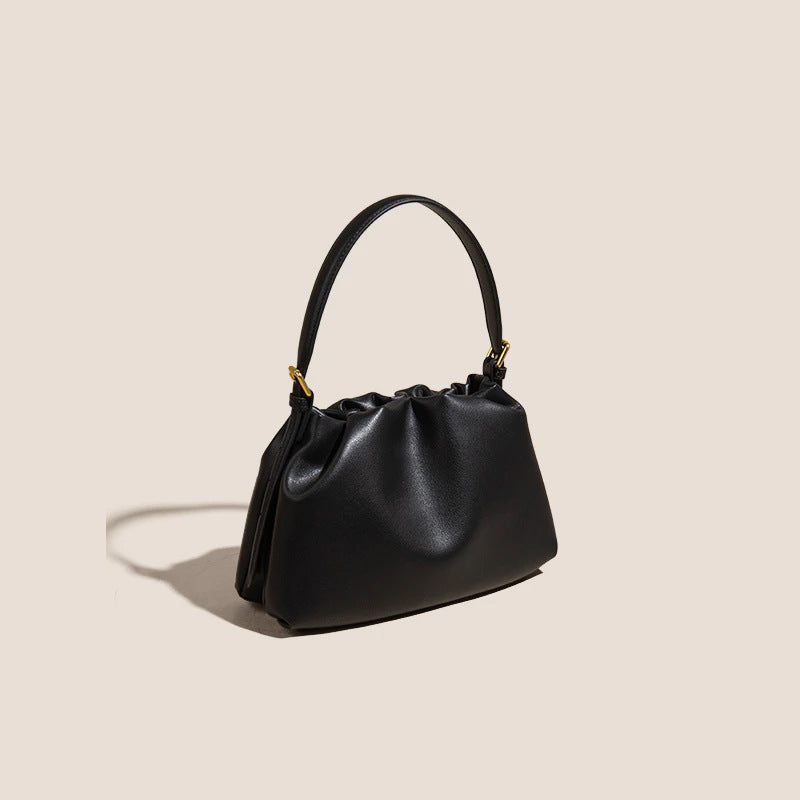 Women's Genuine Leather Ruched Cloud Clutch Bag with Detachable Strap