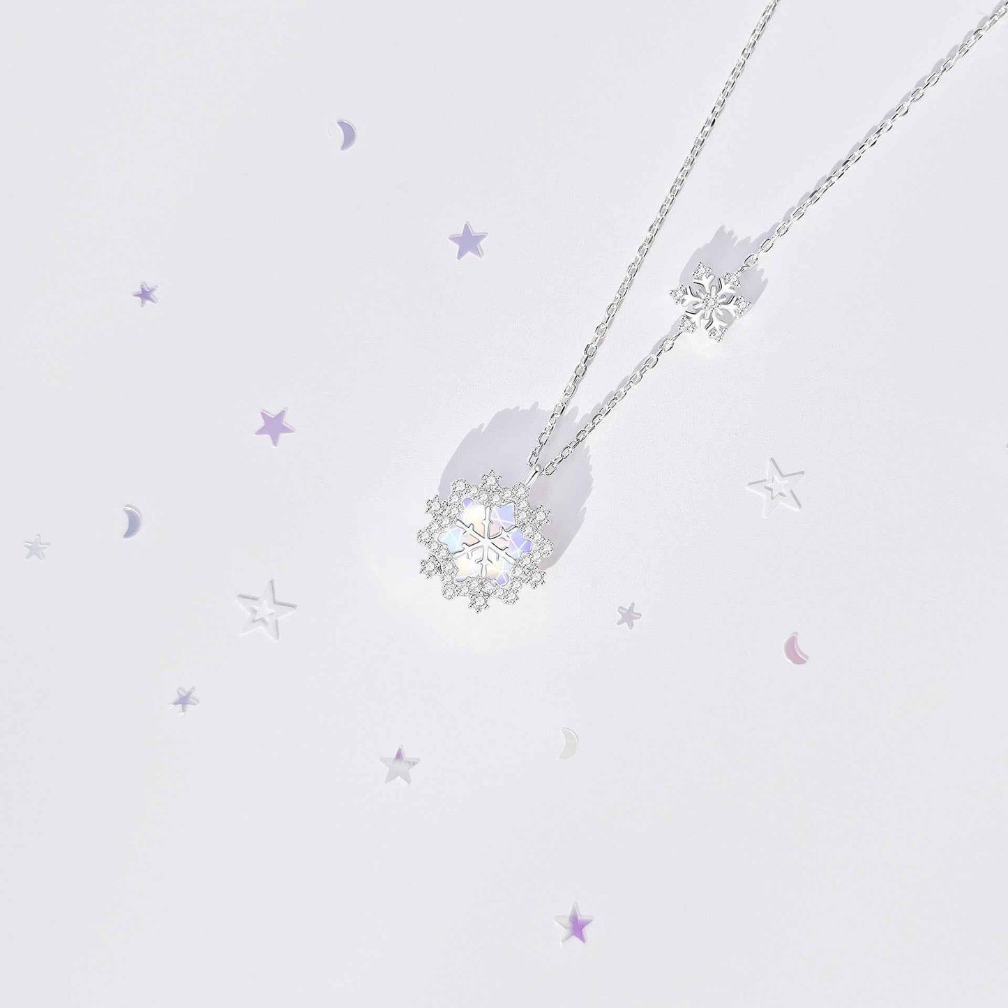 925 Sterling Silver Iridescent Snowflake Pendant Necklace Zircon Winter Jewelry