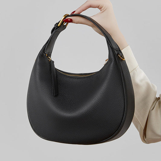 Women's Pebbled Cowhide Half-Moon Hobo Bag with Adjustable Strap