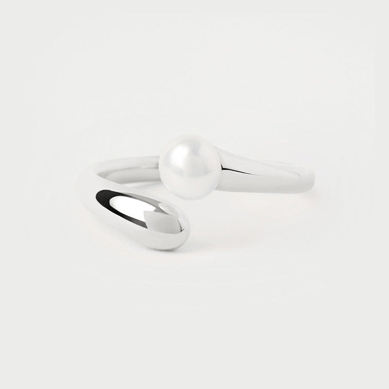 “Pearl Orbit” S925 Sterling Silver Open Adjustable Round Pearl Ring