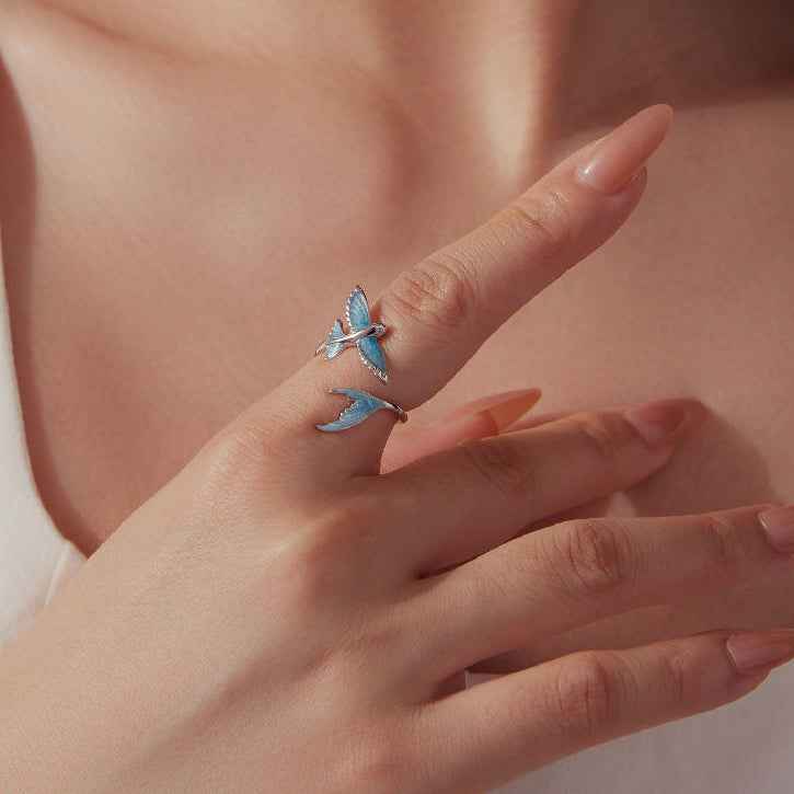 Skyfin S925 Silver Blue Enamel Flying Fish Open Ring