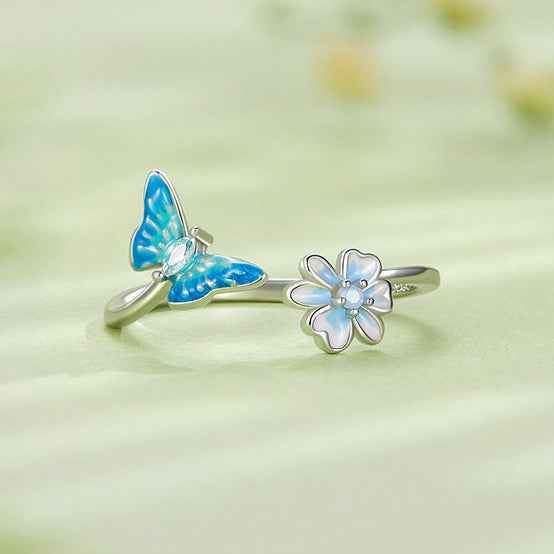Blue Flutter Bloom S925 Sterling Silver Blue Butterfly Flower Open Ring