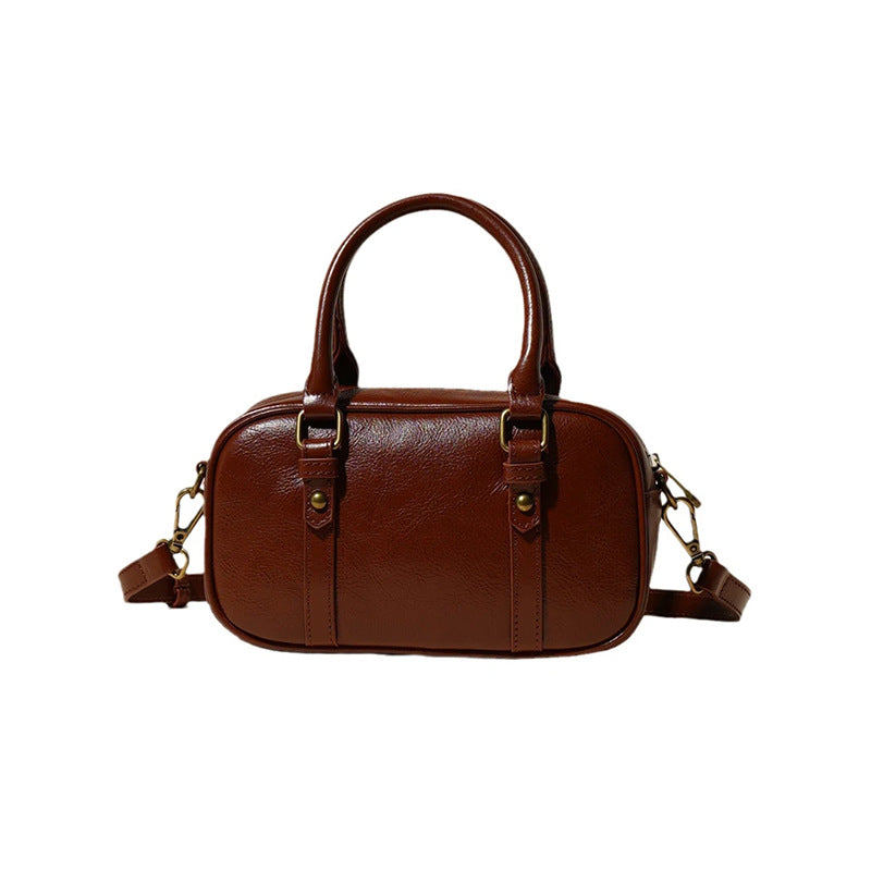 Women's Oil-Waxed Cowhide Mini Boston Bag with Top Handle