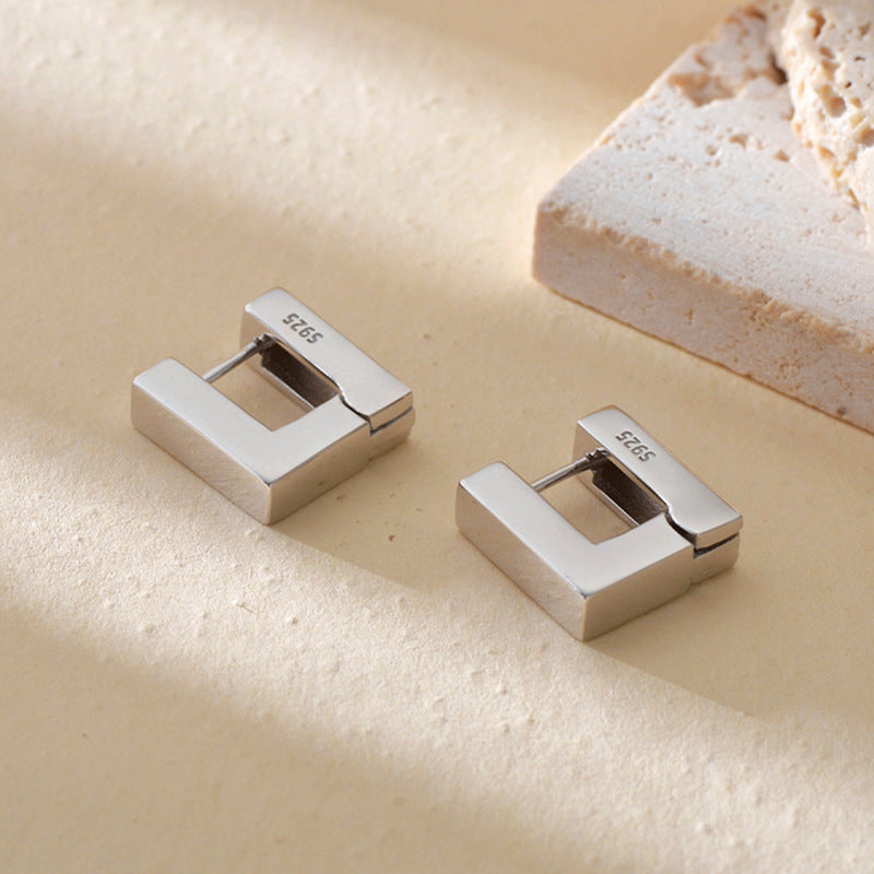“Architectural Cube” S925 Sterling Silver Sculptural Square Hoop Earrings