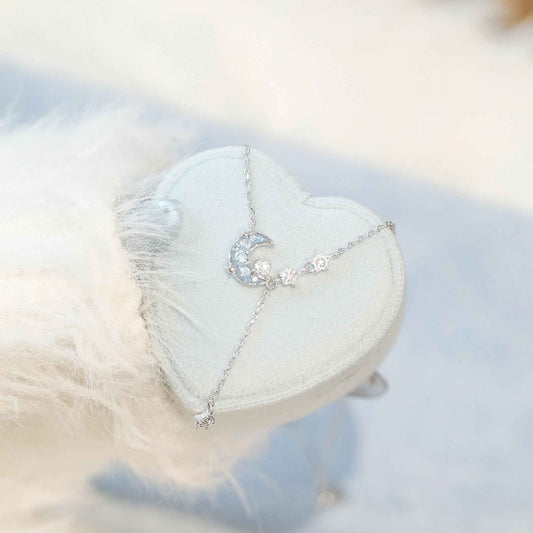 Moonlit Aurora S925 Sterling Silver Crescent Moon & Blue Zircon Tassel Necklace Bracelet Set