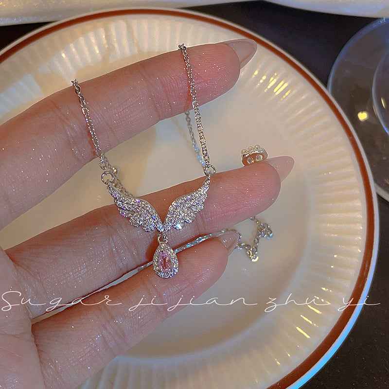 Guardian Wings Angel Wing Pendant Necklace with Pink Zircon in S925 Sterling Silver