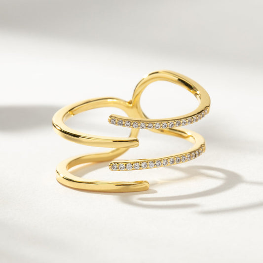 “Offset Spark” S925 Sterling Silver Open Adjustable Double-Band Zircon Ring