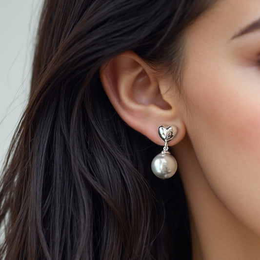 “Heart Pearl” S925 Sterling Silver Pearl Heart Stud Earrings