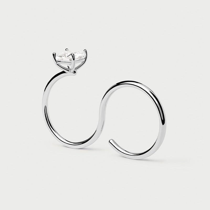 “Sleek Spark” S925 Sterling Silver Open Adjustable S-Curve Zircon Ring