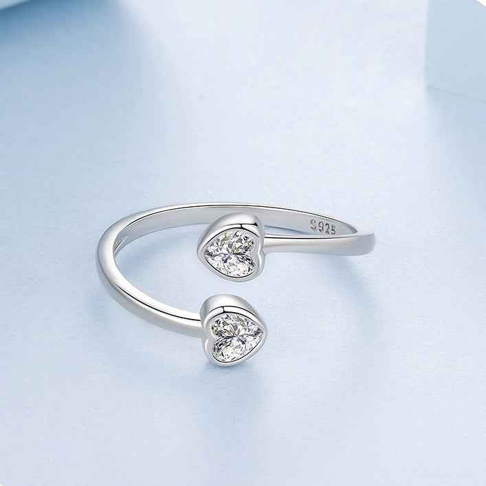 925 Sterling Silver Double Heart Adjustable Open Ring