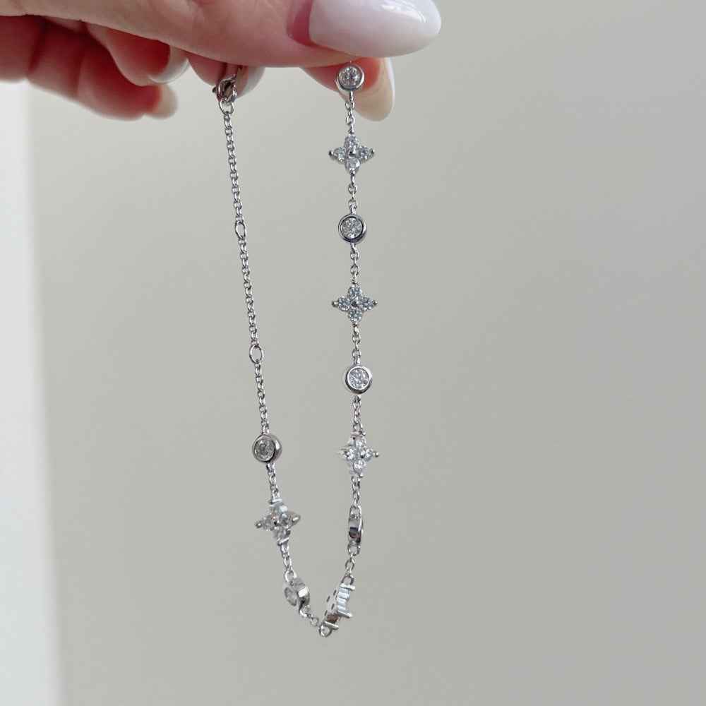 925 Sterling Silver Flutter Bloom Clover & Butterfly Moissanite Bracelet 18K White Gold