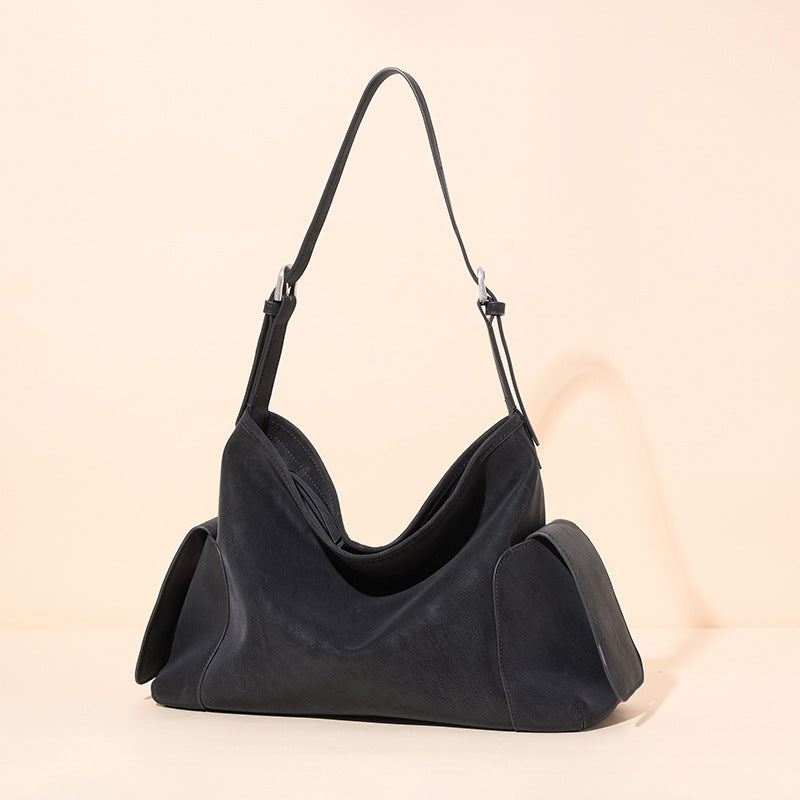 Women's Full-Grain Cowhide Slouchy Shoulder Bag with Side Pockets
