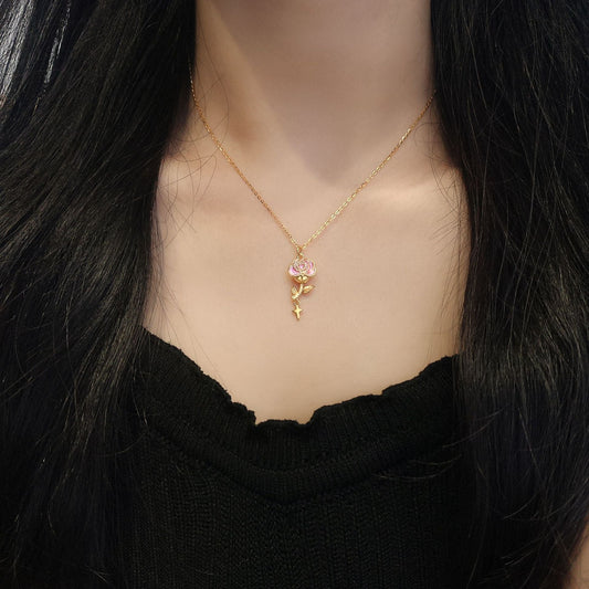 Velour Rose S925 Sterling Silver Pink Rose Heart Pendant Necklace