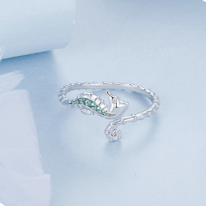Seabreeze Seahorse S925 Sterling Silver Seahorse Open Ring with Aqua Zircon