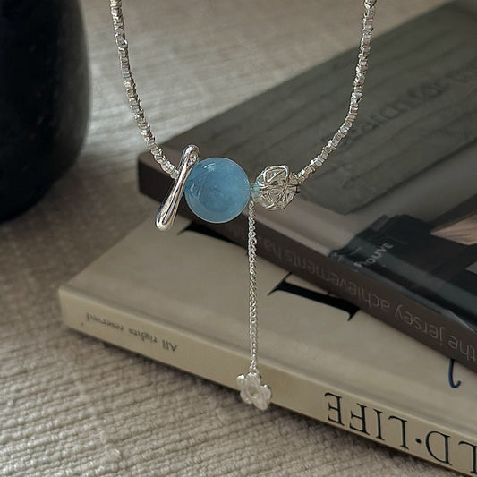 S925 Sterling Silver Ocean Bloom Necklace Aquamarine Zircon Flower Beaded Chain
