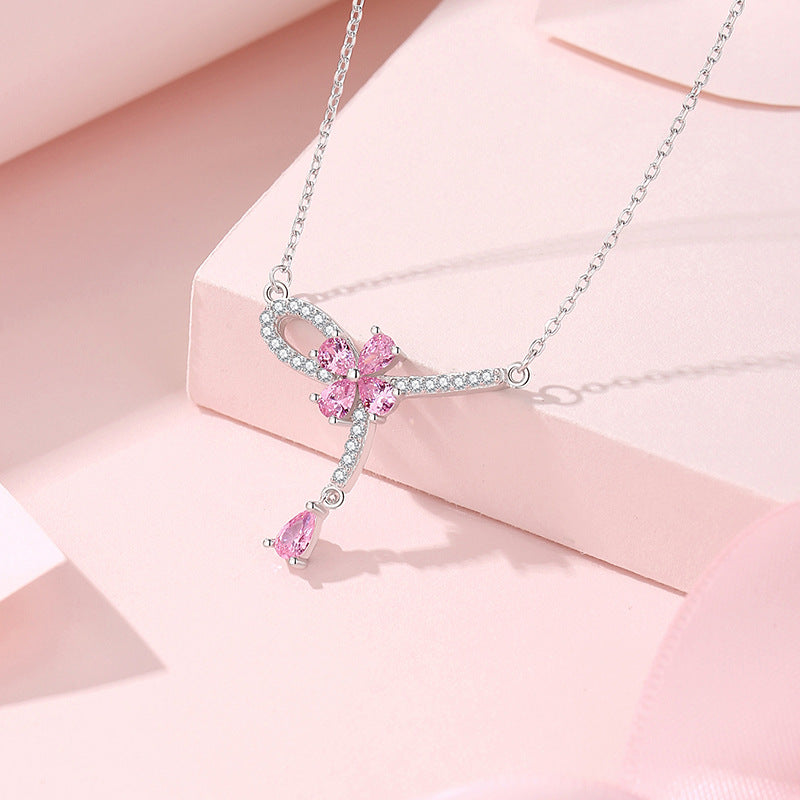925 Sterling Silver Pink Floral Tassel Pendant Necklace