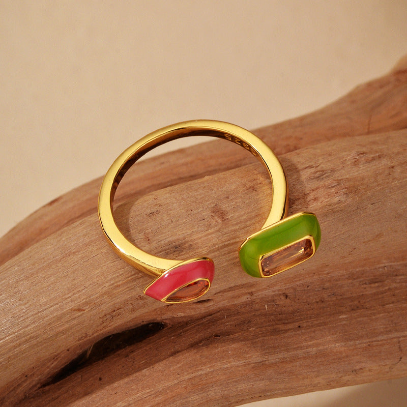 “Enamel Prism” S925 Sterling Silver Enamel Zircon Open Ring