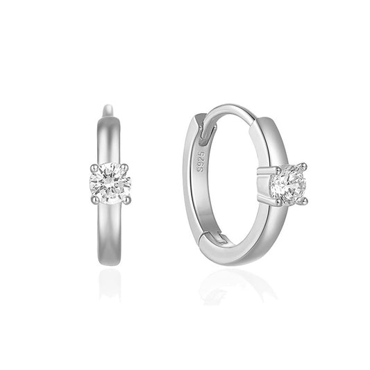 “Solitaire Orbit” S925 Sterling Silver Single-Stone Hoop Earrings