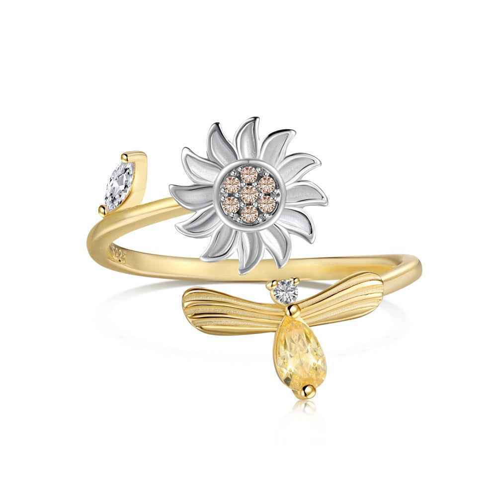 Sunbeam Flutter Rotating Sunflower Open Ring 925 Sterling Silver