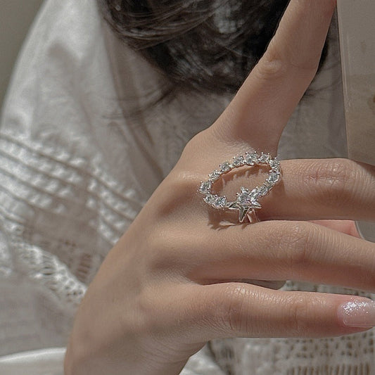 S925 Sterling Silver Starlit Charm Ring Adjustable Star Zircon Open Ring