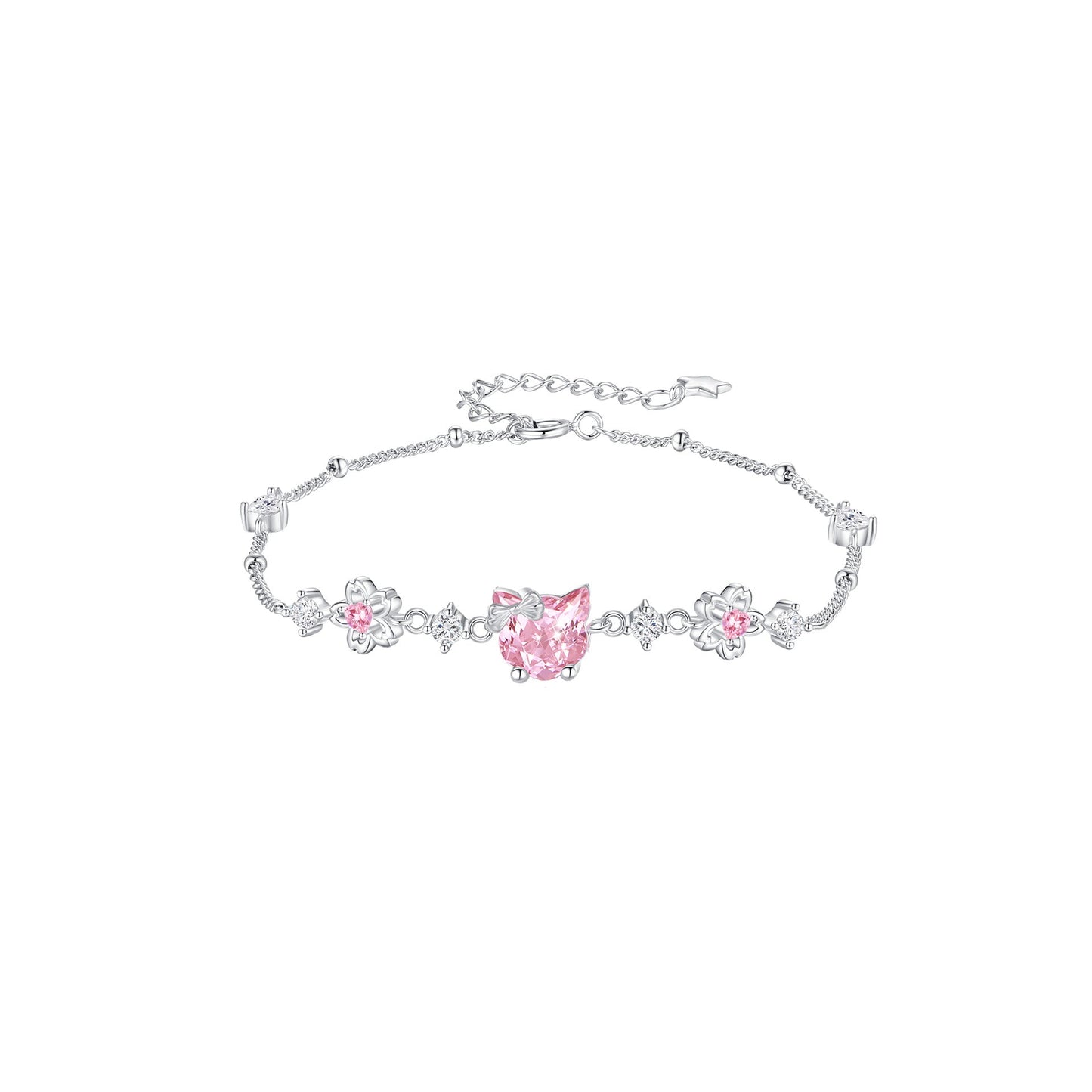 Sakura Whiskers Pink Cat Necklace & Bracelet Set in 925 Sterling Silver