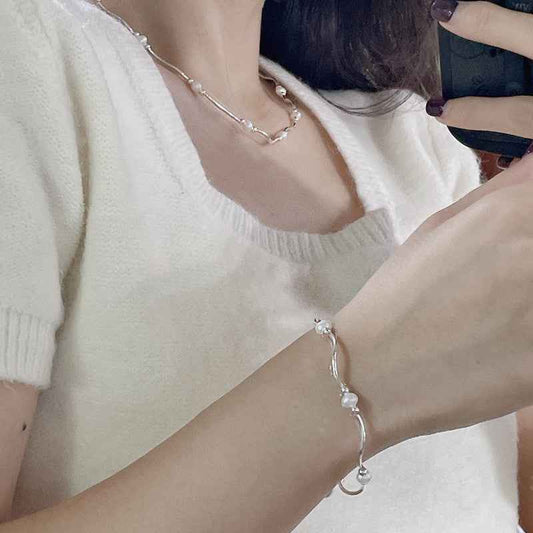 S925 Sterling Silver Waves & Pearls Jewelry Set Necklace Bracelet Freshwater Pearl