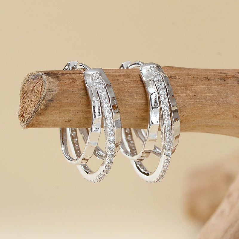 “Triple U Luxe” S925 Sterling Silver Triple-Layer Zircon Hoop Earrings