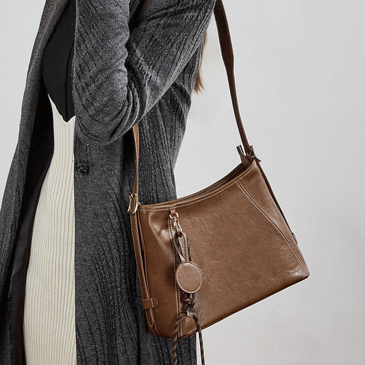Women's Full-Grain Cowhide Contrast Stitch Hobo Bag
