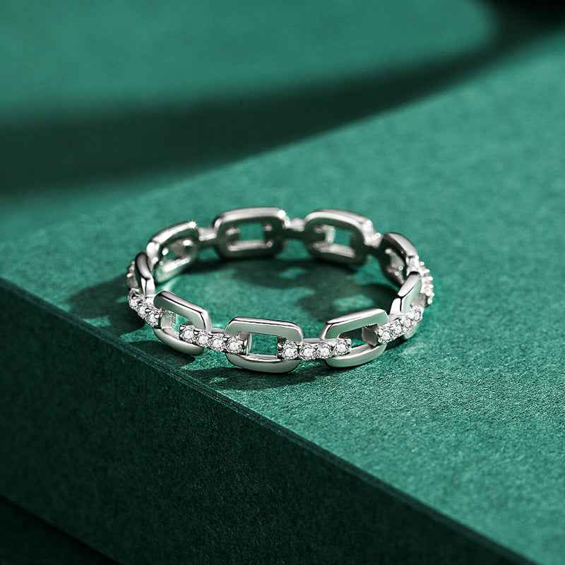 Linked Form Geometric Chain Ring 925 Sterling Silver Zircon Band