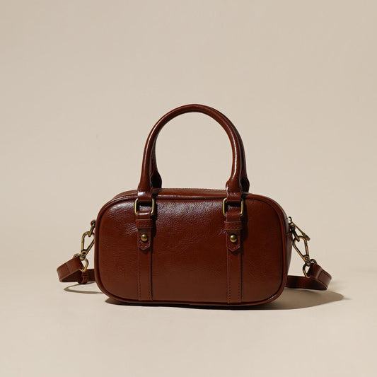 Women's Oil-Waxed Cowhide Mini Boston Bag with Top Handle