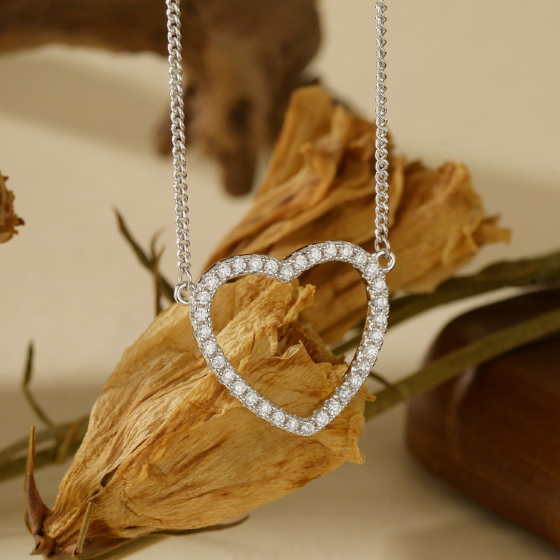“Hollow Heart” S925 Sterling Silver Zircon Heart Pendant Necklace