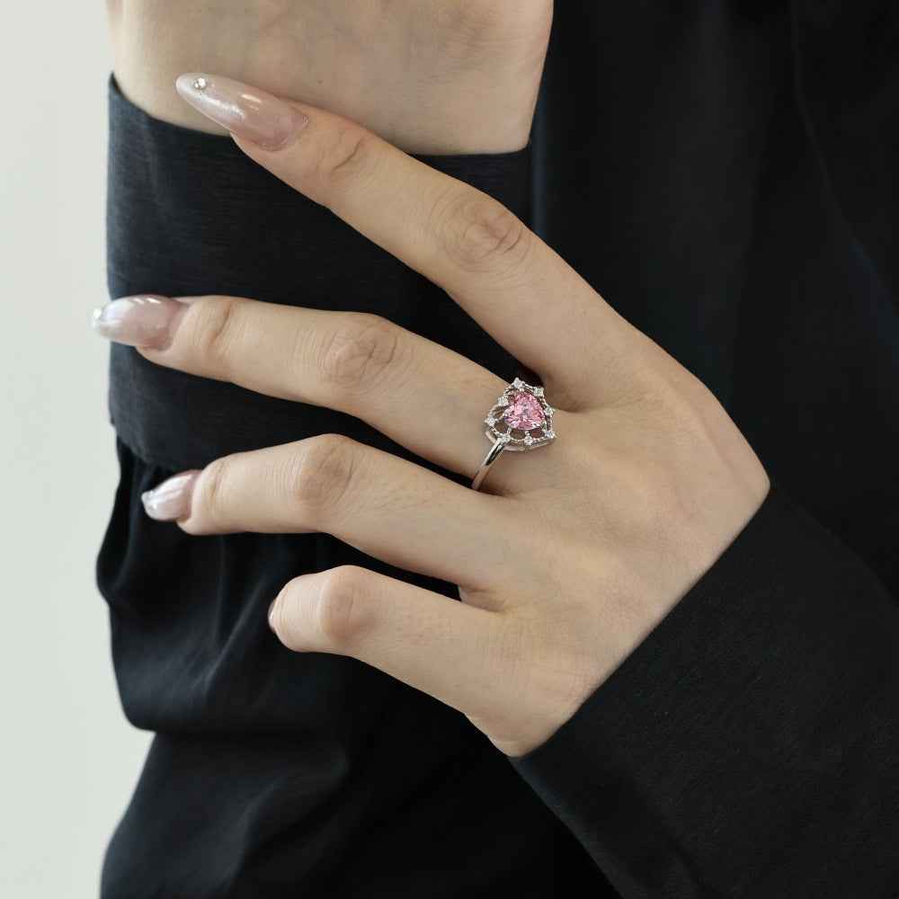 925 Sterling Silver Pink Heart Halo Ring – Fairy Lace Heart
