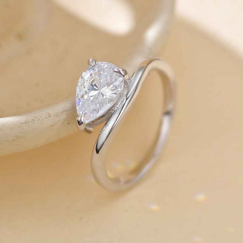 925 Sterling Silver Wave Dewdrop Teardrop Zircon Ring Gold Platinum Plated