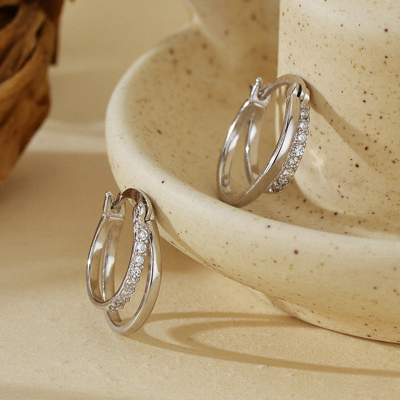 “Double Gleam” S925 Sterling Silver Double-Layer Pavé Hoop Earrings