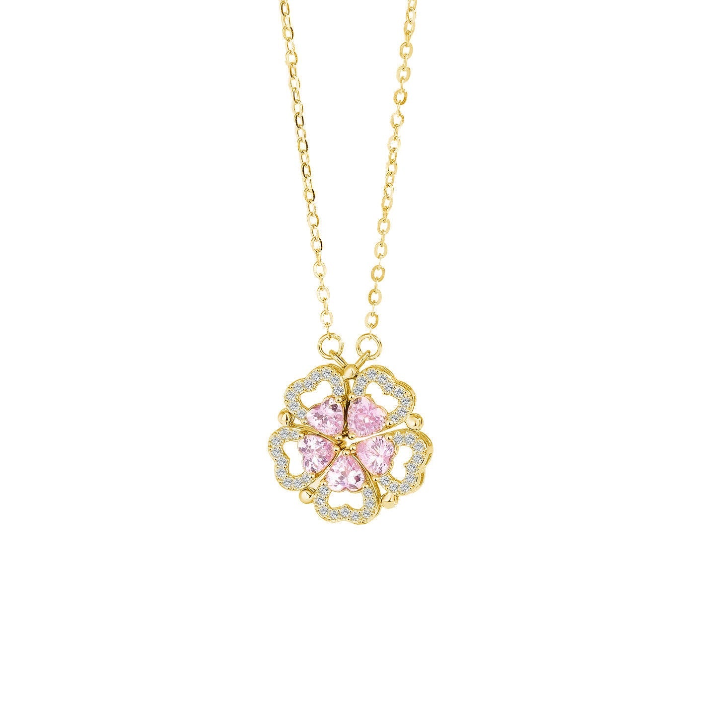 Blooming Heart Convertible Flower Heart Necklace with Crystal in S925 Sterling Silver