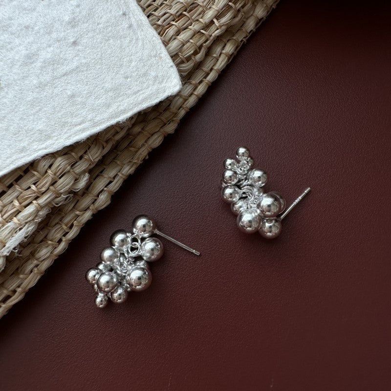 S925 Sterling Silver Silver Grape Melody Earrings Cluster Bead Stud Earrings