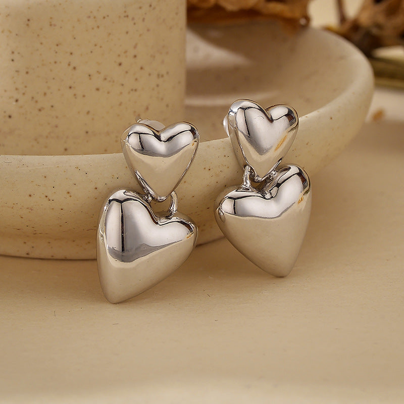 “Double Heart” S925 Sterling Silver Double Heart Stud Earrings