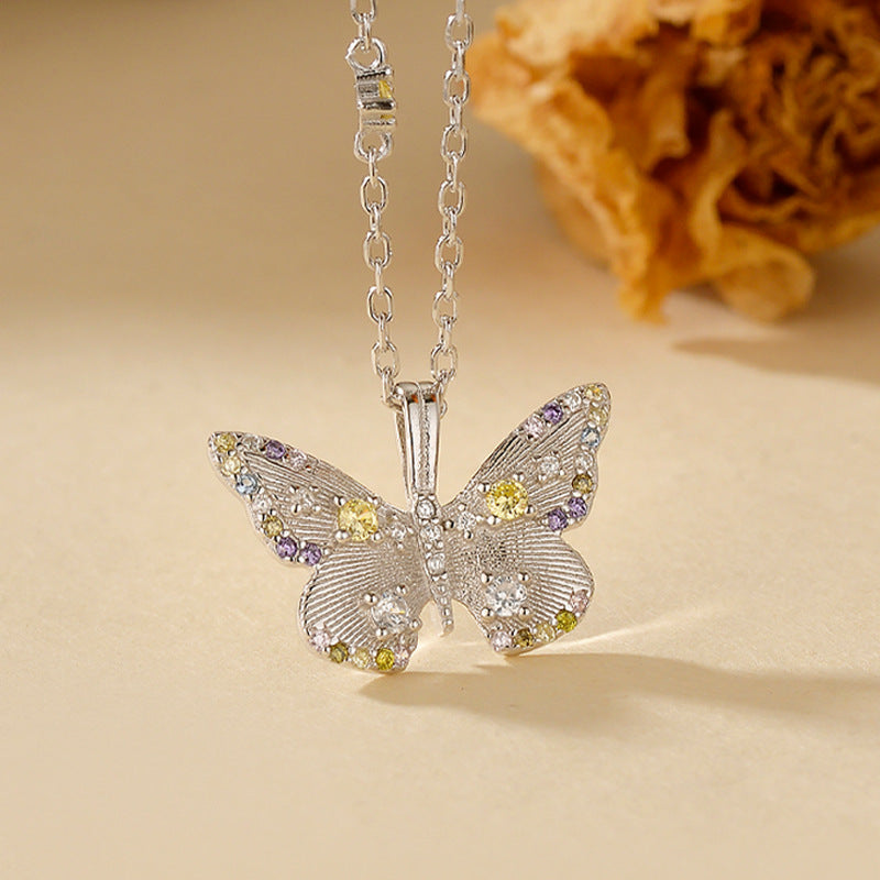 “Dreaming Butterfly” S925 Sterling Silver Multicolor Zircon Butterfly Necklace