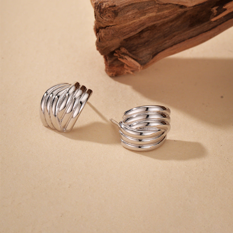 “Triple Stripe Muse” S925 Sterling Silver Three-Layer Crossover Stud Earrings